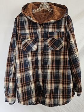 Plaid Hooded Shacket Womens Large Fleece Lined Navy Brown Beige Snap Close
